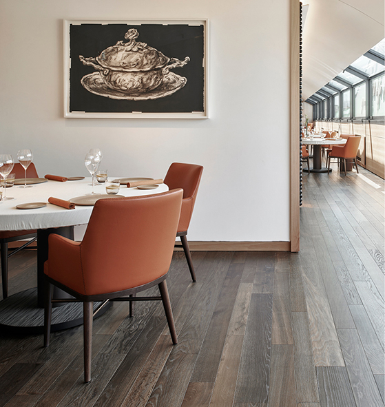Andrea Aprea Restaurant - Palazzo Fondazione Luigi Rovati, Milano - Project by Flaviano Capriotti Architetti - Photo Leo Torri - Dark Smoked Oak Wood 
